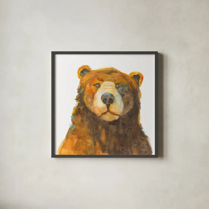 Friendly Bear by Kathy Ferguson. Shown in a sleek black glass frame for a contemporary gallery look. Available as an archival giclee rolled canvas, fine art paper, or poster print. SKU 82542a.