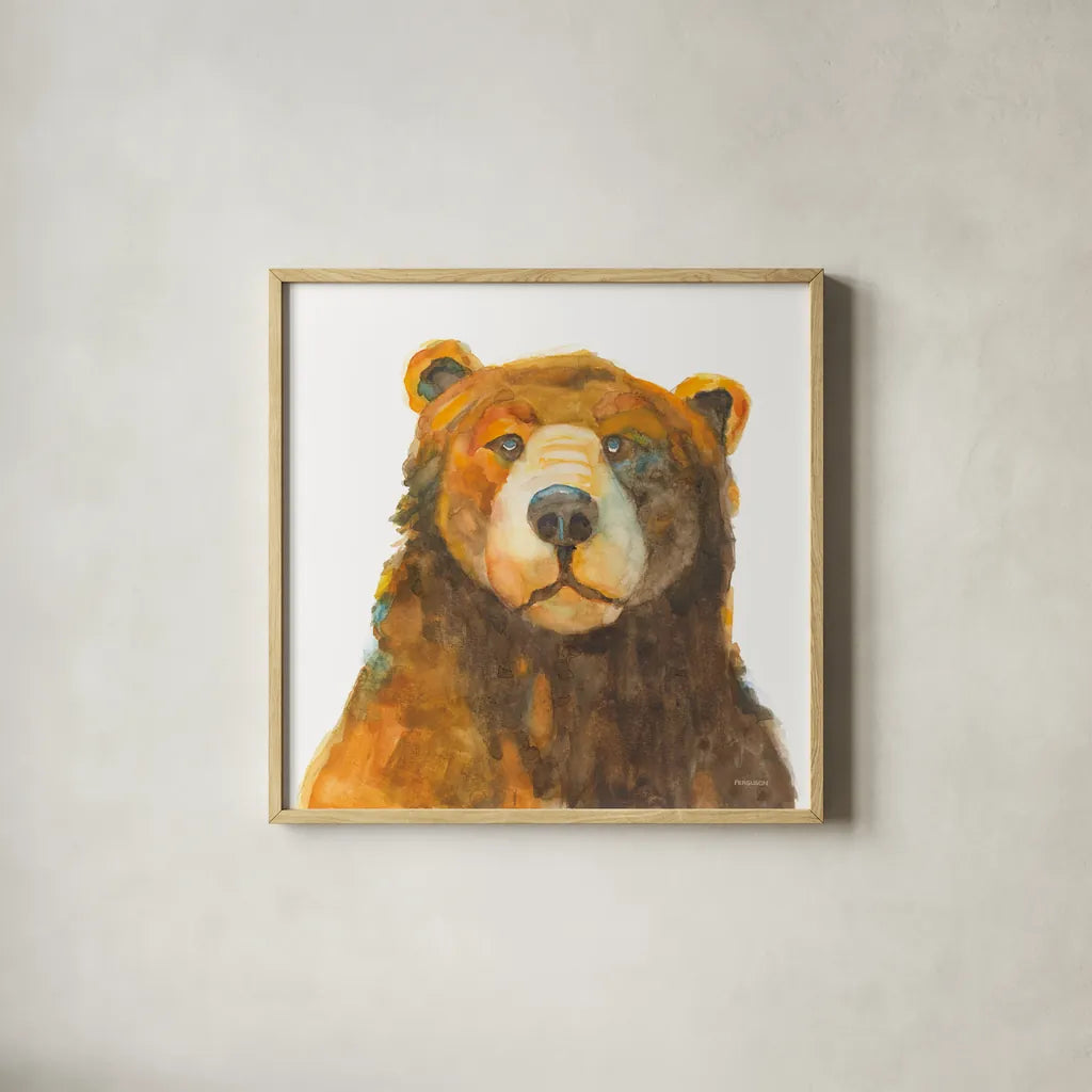 Friendly Bear by Kathy Ferguson. Shown in a natural wood glass frame for a timeless modern aesthetic. Available as an archival giclee rolled canvas, fine art paper, or poster print. SKU 82542a.