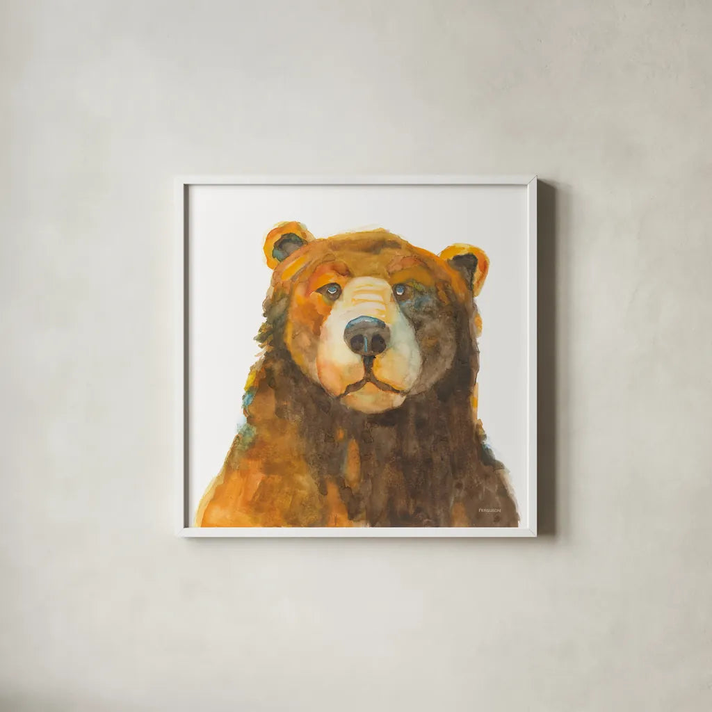 Friendly Bear by Kathy Ferguson. Shown in a crisp white glass frame for a clean and minimalist style. Available as an archival giclee rolled canvas, fine art paper, or poster print. SKU 82542a.