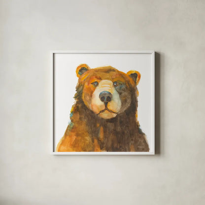 Friendly Bear by Kathy Ferguson. Shown in a crisp white glass frame for a clean and minimalist style. Available as an archival giclee rolled canvas, fine art paper, or poster print. SKU 82542a.