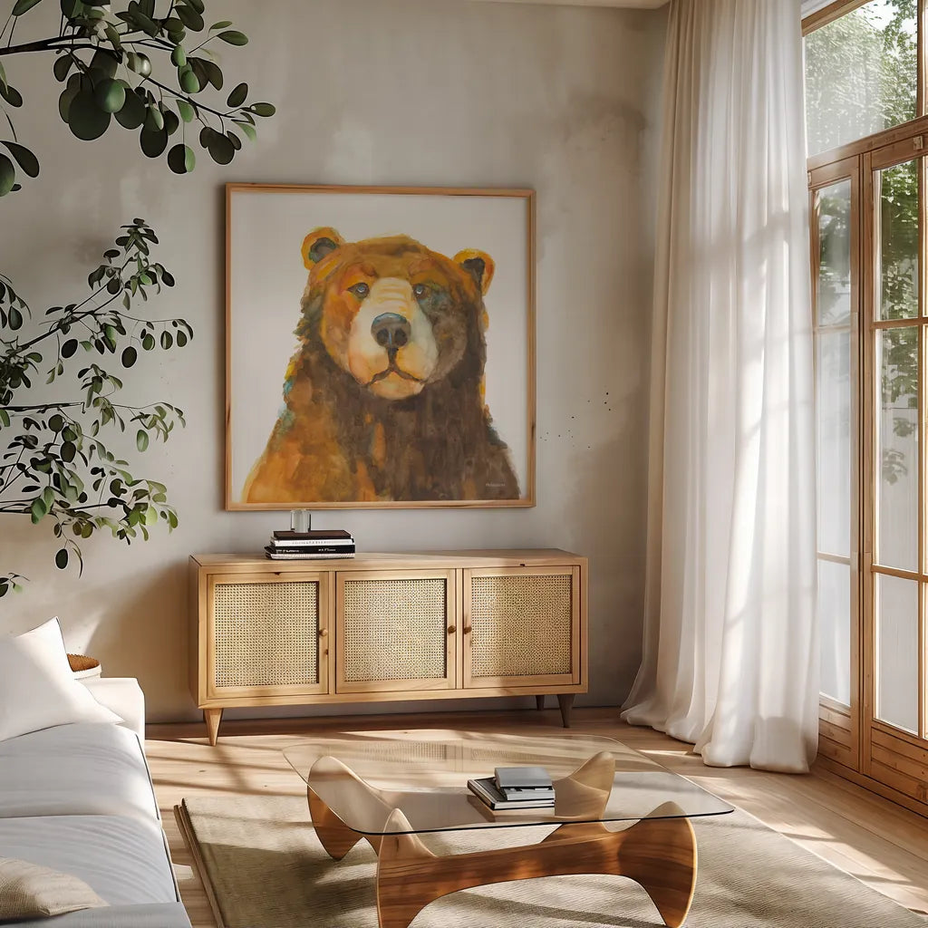 Friendly Bear by Kathy Ferguson. Shown in a natural wood frame in a cozy modern living room. Available as an archival giclee rolled canvas, fine art paper, or poster print. SKU 82542a.
