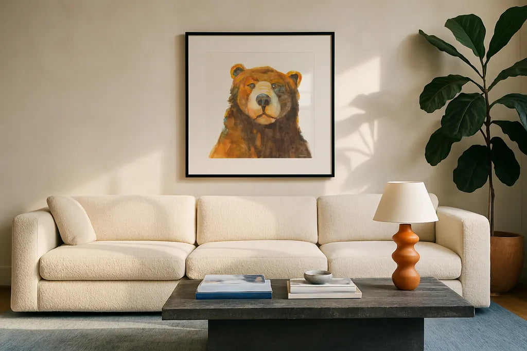 Friendly Bear by Kathy Ferguson. Displayed in a glass frame with matte in a clean modern living room. Available as an archival giclee rolled canvas, fine art paper, or poster print. SKU 82542a.
