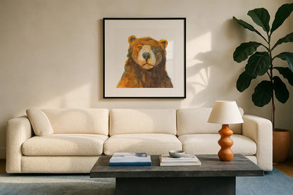 Friendly Bear by Kathy Ferguson. Displayed in a glass frame with matte in a clean modern living room. Available as an archival giclee rolled canvas, fine art paper, or poster print. SKU 82542a.