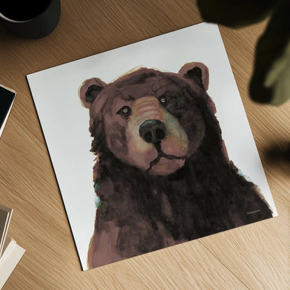 Friendly Bear Brown by Kathy Ferguson. Shown as a detailed flat fine art print, highlighting archival giclee quality. Available as an archival giclee rolled canvas, fine art paper, or poster print. SKU 86925a.