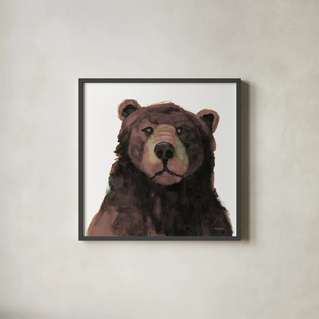 Friendly Bear Brown by Kathy Ferguson. Shown in a sleek black glass frame for a contemporary gallery look. Available as an archival giclee rolled canvas, fine art paper, or poster print. SKU 86925a.