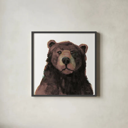 Friendly Bear Brown by Kathy Ferguson. Shown in a sleek black glass frame for a contemporary gallery look. Available as an archival giclee rolled canvas, fine art paper, or poster print. SKU 86925a.