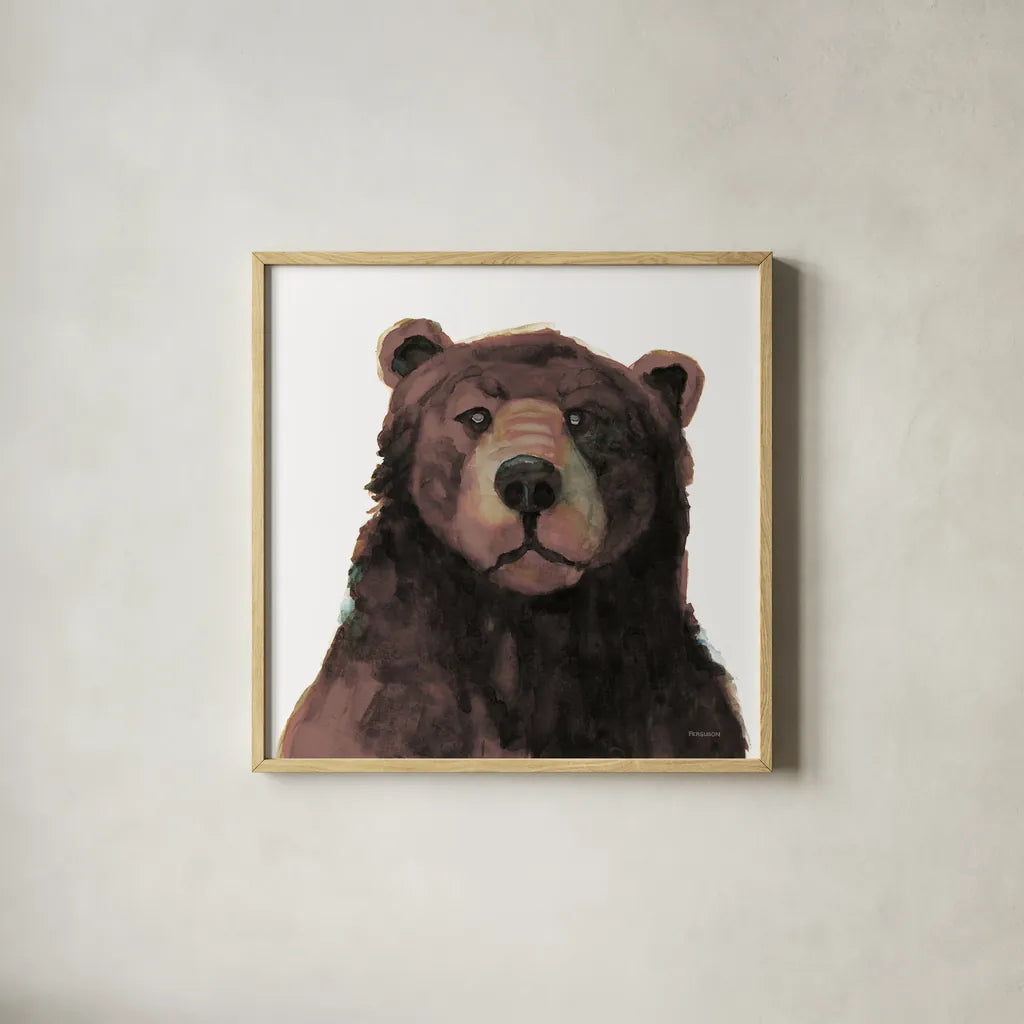 Friendly Bear Brown by Kathy Ferguson. Shown in a natural wood glass frame for a timeless modern aesthetic. Available as an archival giclee rolled canvas, fine art paper, or poster print. SKU 86925a.