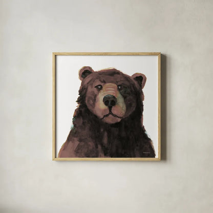 Friendly Bear Brown by Kathy Ferguson. Shown in a natural wood glass frame for a timeless modern aesthetic. Available as an archival giclee rolled canvas, fine art paper, or poster print. SKU 86925a.