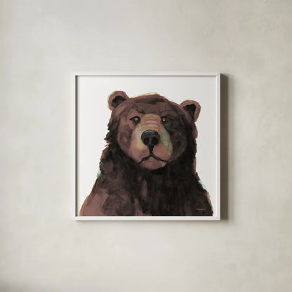 Friendly Bear Brown by Kathy Ferguson. Shown in a crisp white glass frame for a clean and minimalist style. Available as an archival giclee rolled canvas, fine art paper, or poster print. SKU 86925a.