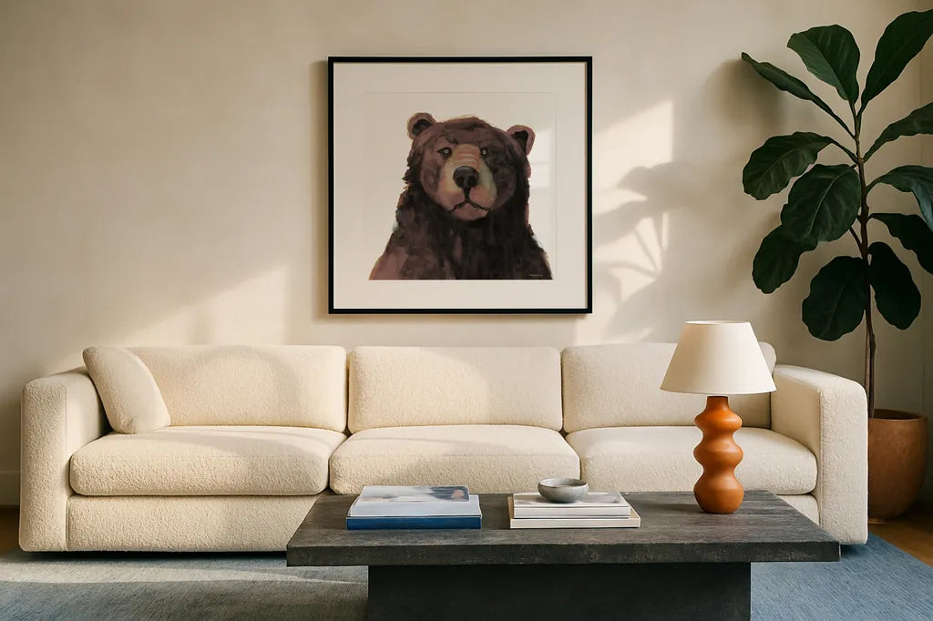 Friendly Bear Brown by Kathy Ferguson. Displayed in a glass frame with matte in a clean modern living room. Available as an archival giclee rolled canvas, fine art paper, or poster print. SKU 86925a.