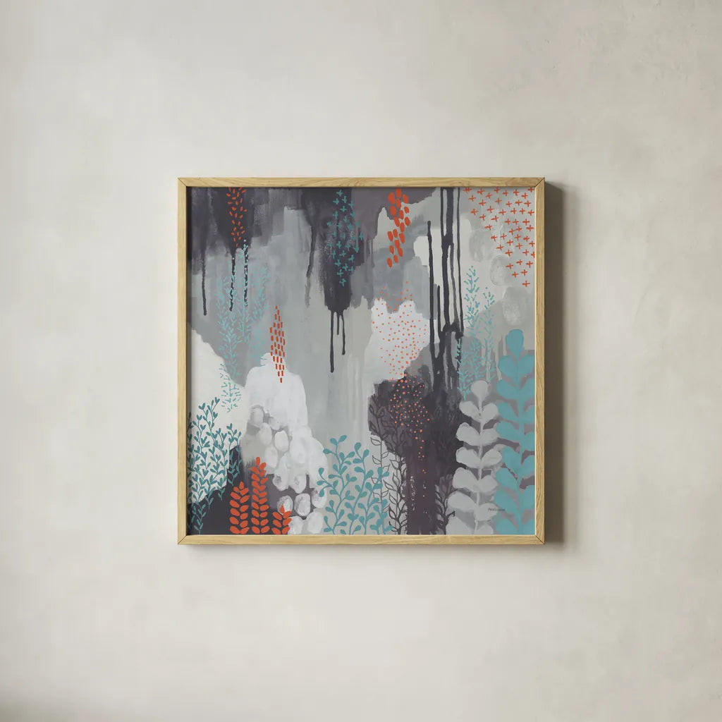 Gray Forest I by Kathy Ferguson. Shown in a natural wood glass frame for a timeless modern aesthetic. Available as an archival giclee rolled canvas, fine art paper, or poster print. SKU 53109a.