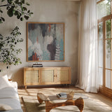 Gray Forest I by Kathy Ferguson. Shown in a natural wood frame in a cozy modern living room. Available as an archival giclee rolled canvas, fine art paper, or poster print. SKU 53109a.