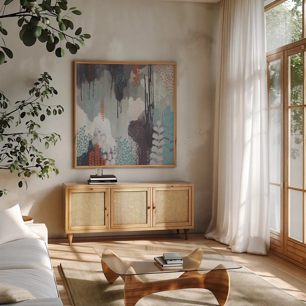 Gray Forest I by Kathy Ferguson. Shown in a natural wood frame in a cozy modern living room. Available as an archival giclee rolled canvas, fine art paper, or poster print. SKU 53109a.