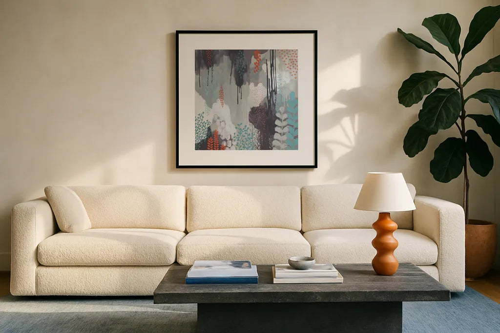 Gray Forest I by Kathy Ferguson. Displayed in a glass frame with matte in a clean modern living room. Available as an archival giclee rolled canvas, fine art paper, or poster print. SKU 53109a.