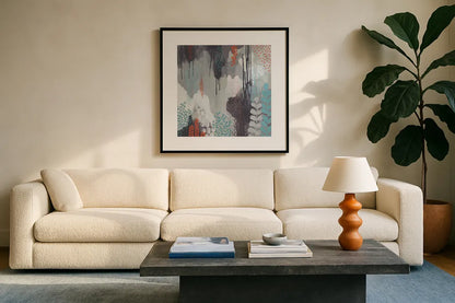 Gray Forest I by Kathy Ferguson. Displayed in a glass frame with matte in a clean modern living room. Available as an archival giclee rolled canvas, fine art paper, or poster print. SKU 53109a.