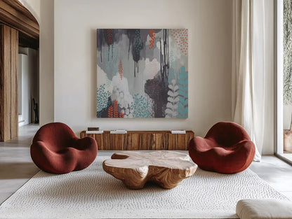 Gray Forest I by Kathy Ferguson. Shown as extra-large giant wall art in a modern living room. Available as an archival giclee rolled canvas, fine art paper, or poster print. SKU 53109a.