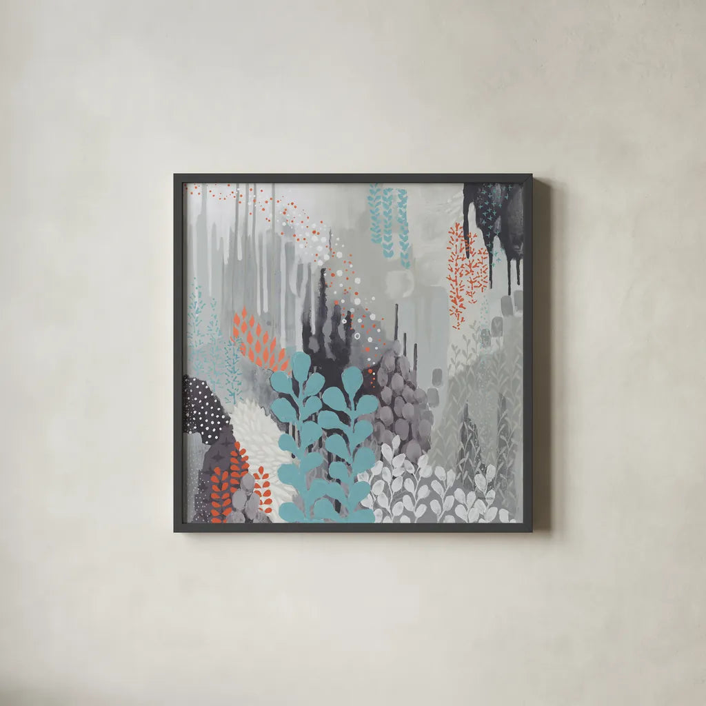 Gray Forest II by Kathy Ferguson. Shown in a sleek black glass frame for a contemporary gallery look. Available as an archival giclee rolled canvas, fine art paper, or poster print. SKU 53110a.