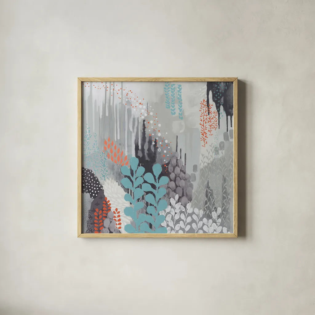 Gray Forest II by Kathy Ferguson. Shown in a natural wood glass frame for a timeless modern aesthetic. Available as an archival giclee rolled canvas, fine art paper, or poster print. SKU 53110a.