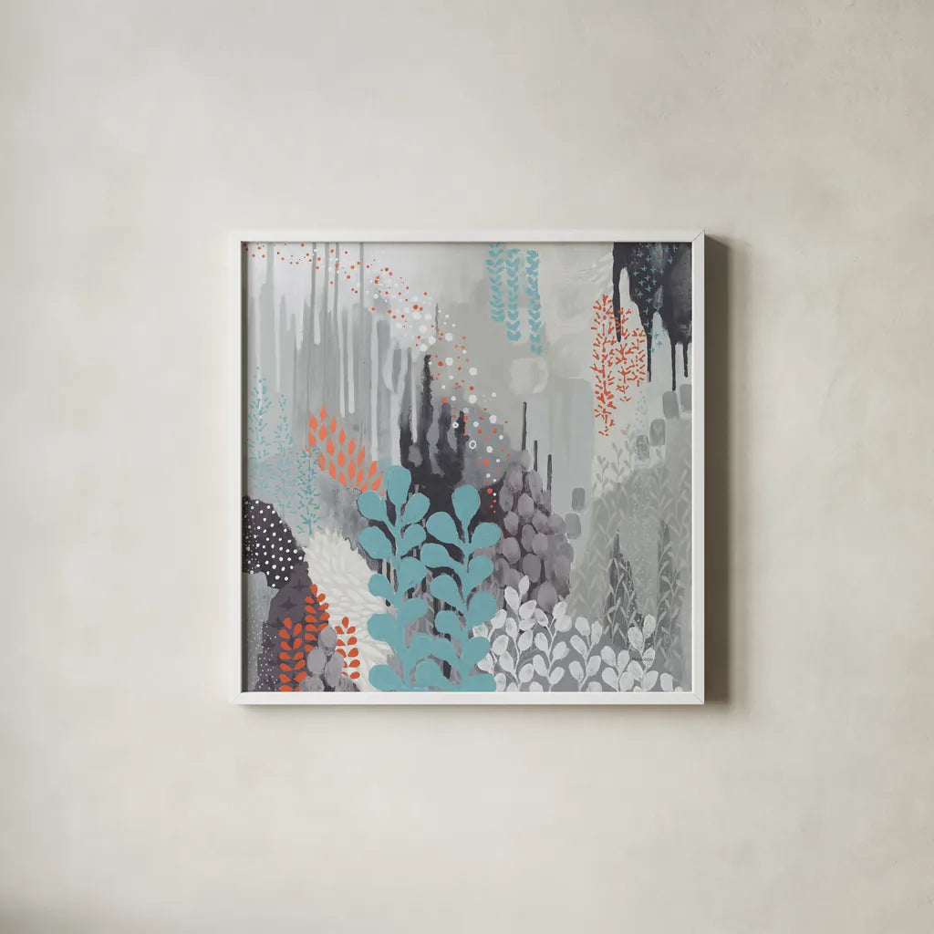 Gray Forest II by Kathy Ferguson. Shown in a crisp white glass frame for a clean and minimalist style. Available as an archival giclee rolled canvas, fine art paper, or poster print. SKU 53110a.