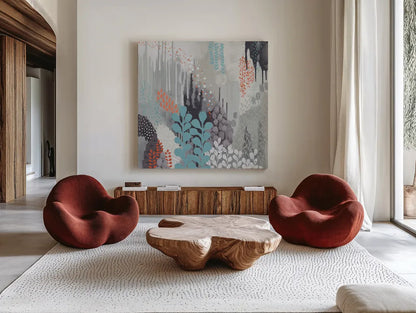 Gray Forest II by Kathy Ferguson. Shown as extra-large giant wall art in a modern living room. Available as an archival giclee rolled canvas, fine art paper, or poster print. SKU 53110a.
