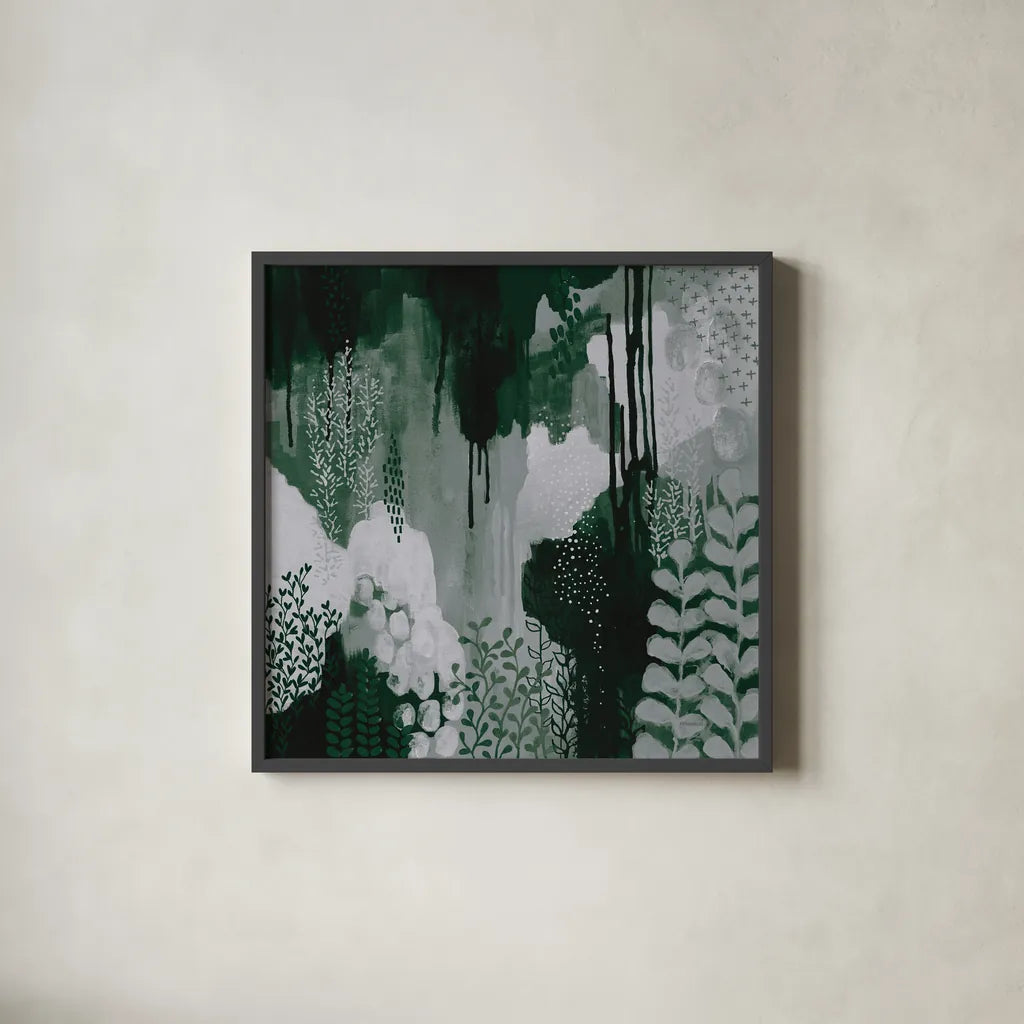 Green Forest I by Kathy Ferguson. Shown in a sleek black glass frame for a contemporary gallery look. Available as an archival giclee rolled canvas, fine art paper, or poster print. SKU 51408a.