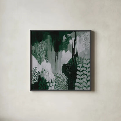 Green Forest I by Kathy Ferguson. Shown in a sleek black glass frame for a contemporary gallery look. Available as an archival giclee rolled canvas, fine art paper, or poster print. SKU 51408a.