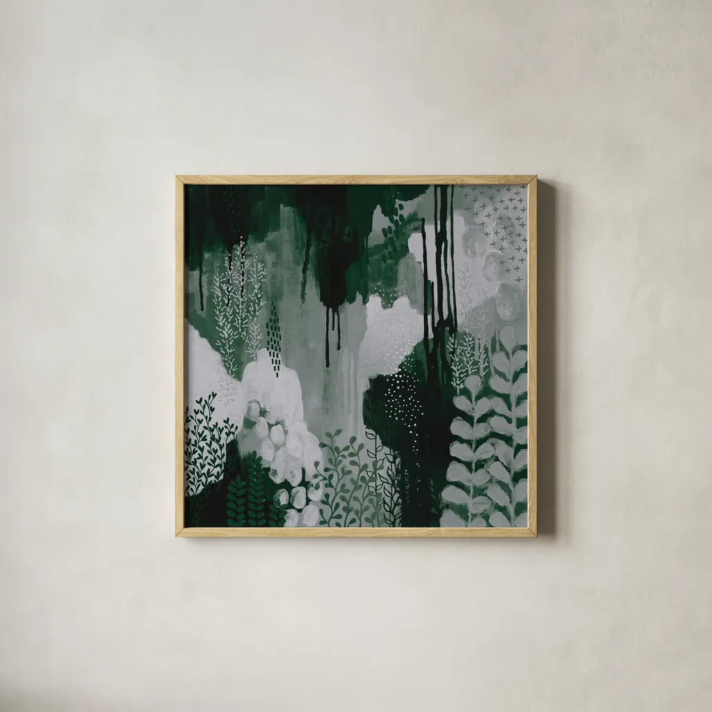 Green Forest I by Kathy Ferguson. Shown in a natural wood glass frame for a timeless modern aesthetic. Available as an archival giclee rolled canvas, fine art paper, or poster print. SKU 51408a.