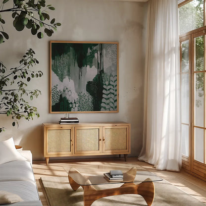 Green Forest I by Kathy Ferguson. Shown in a natural wood frame in a cozy modern living room. Available as an archival giclee rolled canvas, fine art paper, or poster print. SKU 51408a.