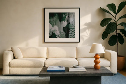 Green Forest I by Kathy Ferguson. Displayed in a glass frame with matte in a clean modern living room. Available as an archival giclee rolled canvas, fine art paper, or poster print. SKU 51408a.