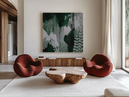 Green Forest I by Kathy Ferguson. Shown as extra-large giant wall art in a modern living room. Available as an archival giclee rolled canvas, fine art paper, or poster print. SKU 51408a.