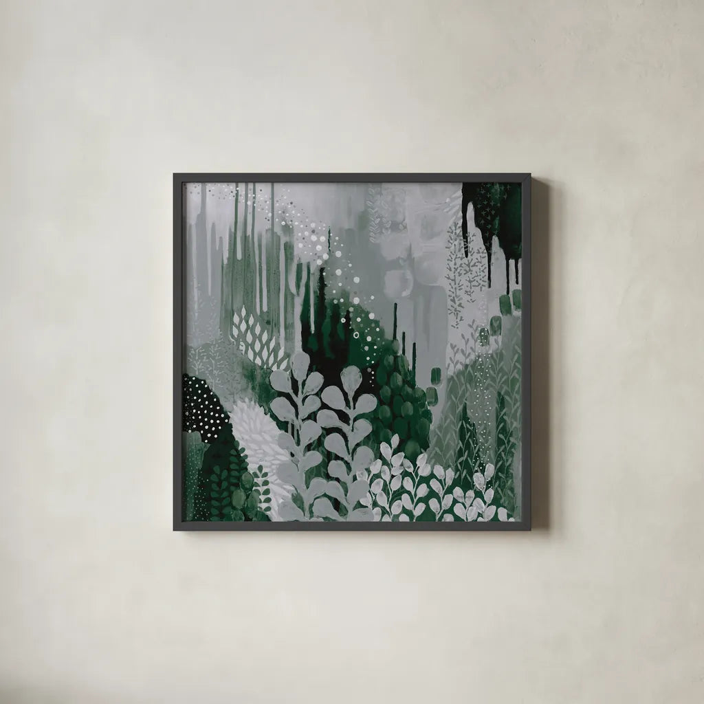 Green Forest II by Kathy Ferguson. Shown in a sleek black glass frame for a contemporary gallery look. Available as an archival giclee rolled canvas, fine art paper, or poster print. SKU 51409a.