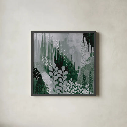 Green Forest II by Kathy Ferguson. Shown in a sleek black glass frame for a contemporary gallery look. Available as an archival giclee rolled canvas, fine art paper, or poster print. SKU 51409a.