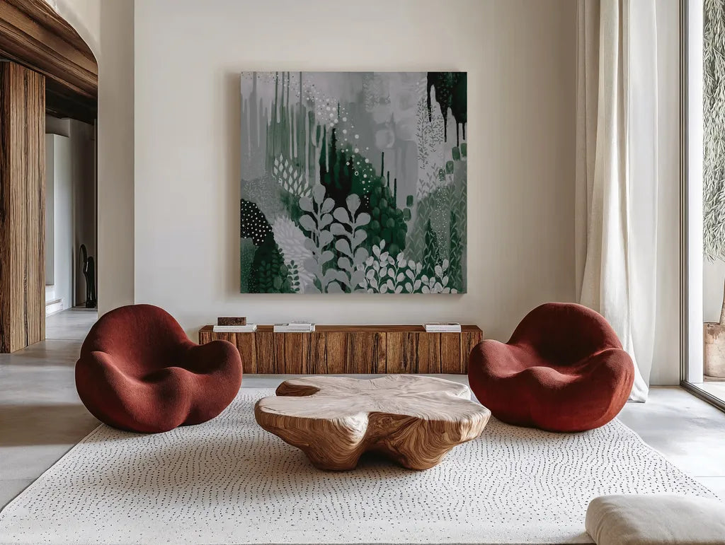 Green Forest II by Kathy Ferguson. Shown as extra-large giant wall art in a modern living room. Available as an archival giclee rolled canvas, fine art paper, or poster print. SKU 51409a.
