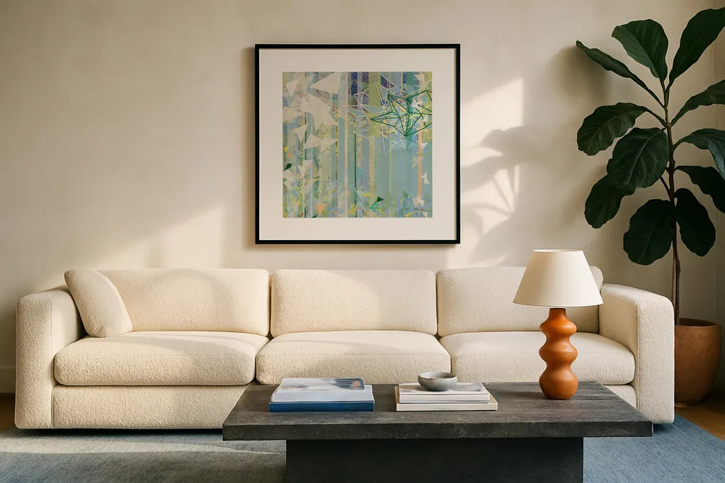 Hanging Around I by Kathy Ferguson. Displayed in a glass frame with matte in a clean modern living room. Available as an archival giclee rolled canvas, fine art paper, or poster print. SKU 24086a.