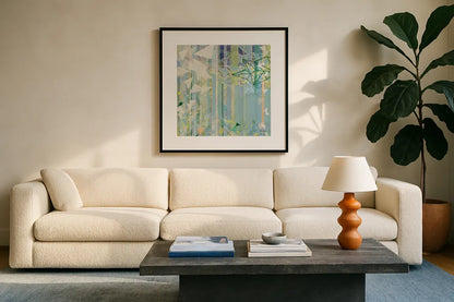 Hanging Around I by Kathy Ferguson. Displayed in a glass frame with matte in a clean modern living room. Available as an archival giclee rolled canvas, fine art paper, or poster print. SKU 24086a.