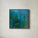 Hide and Seek Orange by Kathy Ferguson. Shown in a sleek black glass frame for a contemporary gallery look. Available as an archival giclee rolled canvas, fine art paper, or poster print. SKU 19356a.