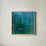 Hide and Seek Orange by Kathy Ferguson. Shown in a natural wood glass frame for a timeless modern aesthetic. Available as an archival giclee rolled canvas, fine art paper, or poster print. SKU 19356a.