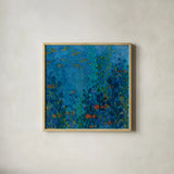Hide and Seek Red by Kathy Ferguson. Shown in a natural wood glass frame for a timeless modern aesthetic. Available as an archival giclee rolled canvas, fine art paper, or poster print. SKU 18998a.