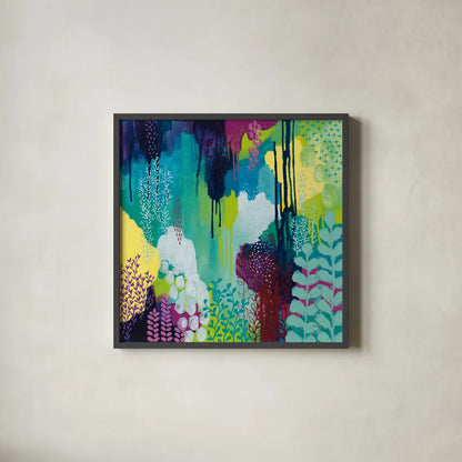Jewel Forest I by Kathy Ferguson. Shown in a sleek black glass frame for a contemporary gallery look. Available as an archival giclee rolled canvas, fine art paper, or poster print. SKU 49218a.