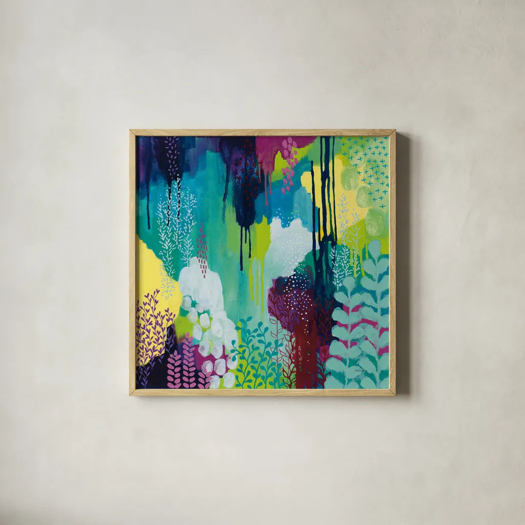 Jewel Forest I by Kathy Ferguson. Shown in a natural wood glass frame for a timeless modern aesthetic. Available as an archival giclee rolled canvas, fine art paper, or poster print. SKU 49218a.
