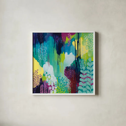 Jewel Forest I by Kathy Ferguson. Shown in a crisp white glass frame for a clean and minimalist style. Available as an archival giclee rolled canvas, fine art paper, or poster print. SKU 49218a.