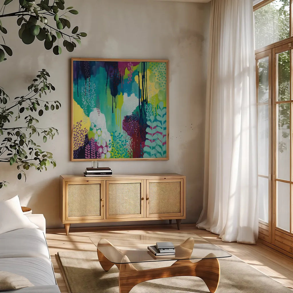 Jewel Forest I by Kathy Ferguson. Shown in a natural wood frame in a cozy modern living room. Available as an archival giclee rolled canvas, fine art paper, or poster print. SKU 49218a.