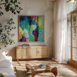 Jewel Forest I by Kathy Ferguson. Shown in a natural wood frame in a cozy modern living room. Available as an archival giclee rolled canvas, fine art paper, or poster print. SKU 49218a.