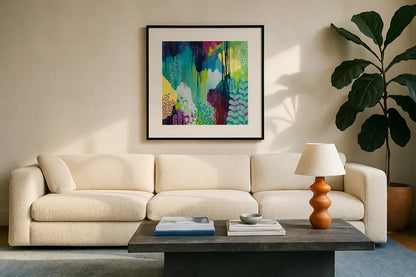 Jewel Forest I by Kathy Ferguson. Displayed in a glass frame with matte in a clean modern living room. Available as an archival giclee rolled canvas, fine art paper, or poster print. SKU 49218a.