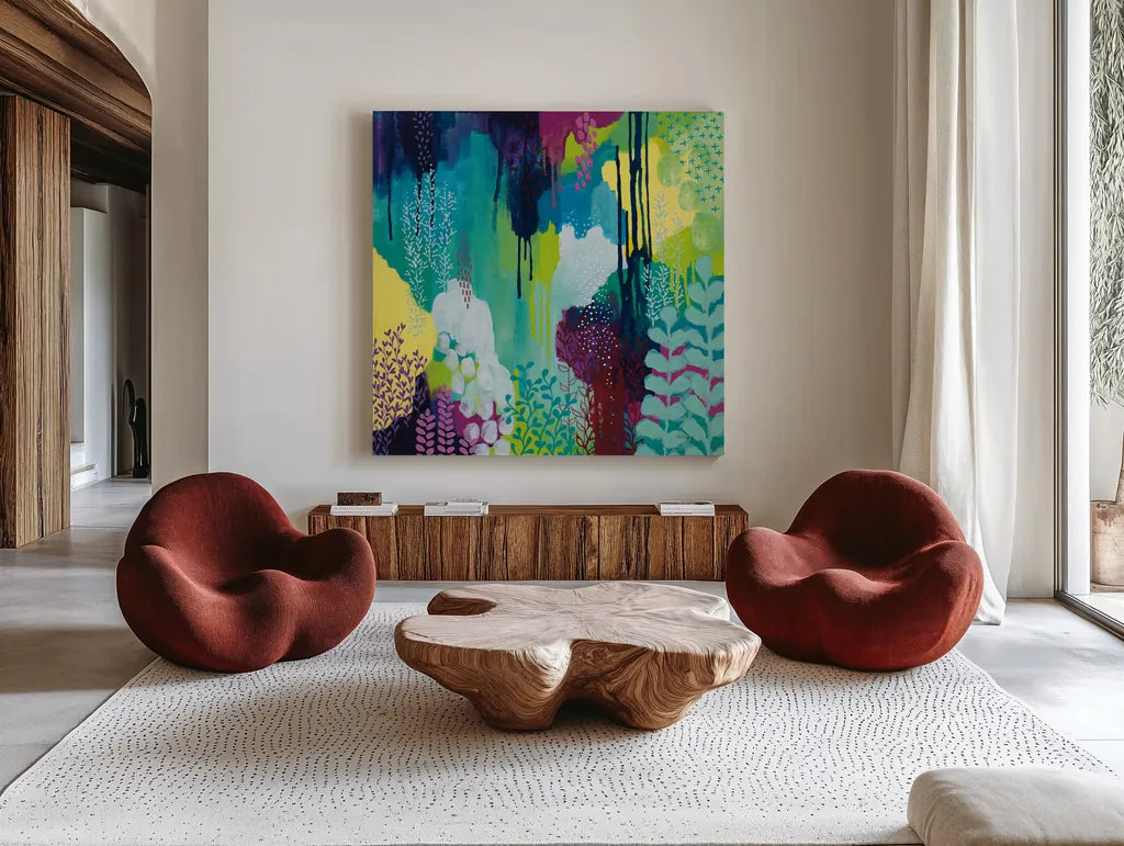 Jewel Forest I by Kathy Ferguson. Shown as extra-large giant wall art in a modern living room. Available as an archival giclee rolled canvas, fine art paper, or poster print. SKU 49218a.