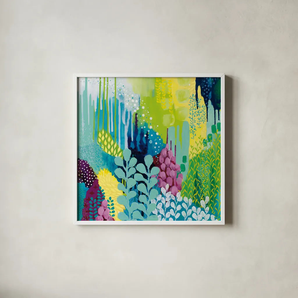 Jewel Forest II by Kathy Ferguson. Shown in a crisp white glass frame for a clean and minimalist style. Available as an archival giclee rolled canvas, fine art paper, or poster print. SKU 49219a.