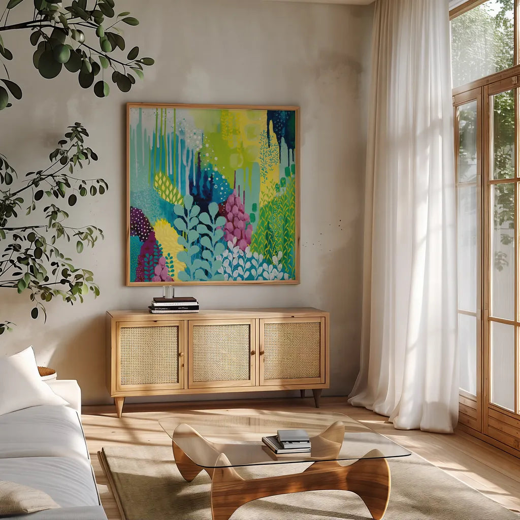 Jewel Forest II by Kathy Ferguson. Shown in a natural wood frame in a cozy modern living room. Available as an archival giclee rolled canvas, fine art paper, or poster print. SKU 49219a.
