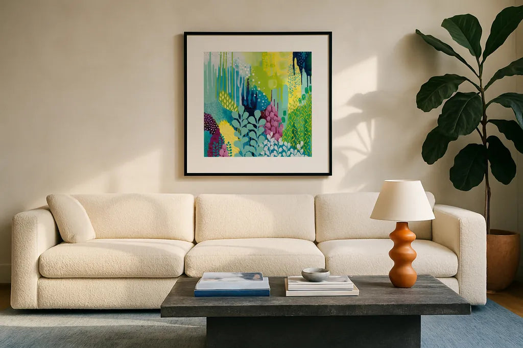 Jewel Forest II by Kathy Ferguson. Displayed in a glass frame with matte in a clean modern living room. Available as an archival giclee rolled canvas, fine art paper, or poster print. SKU 49219a.