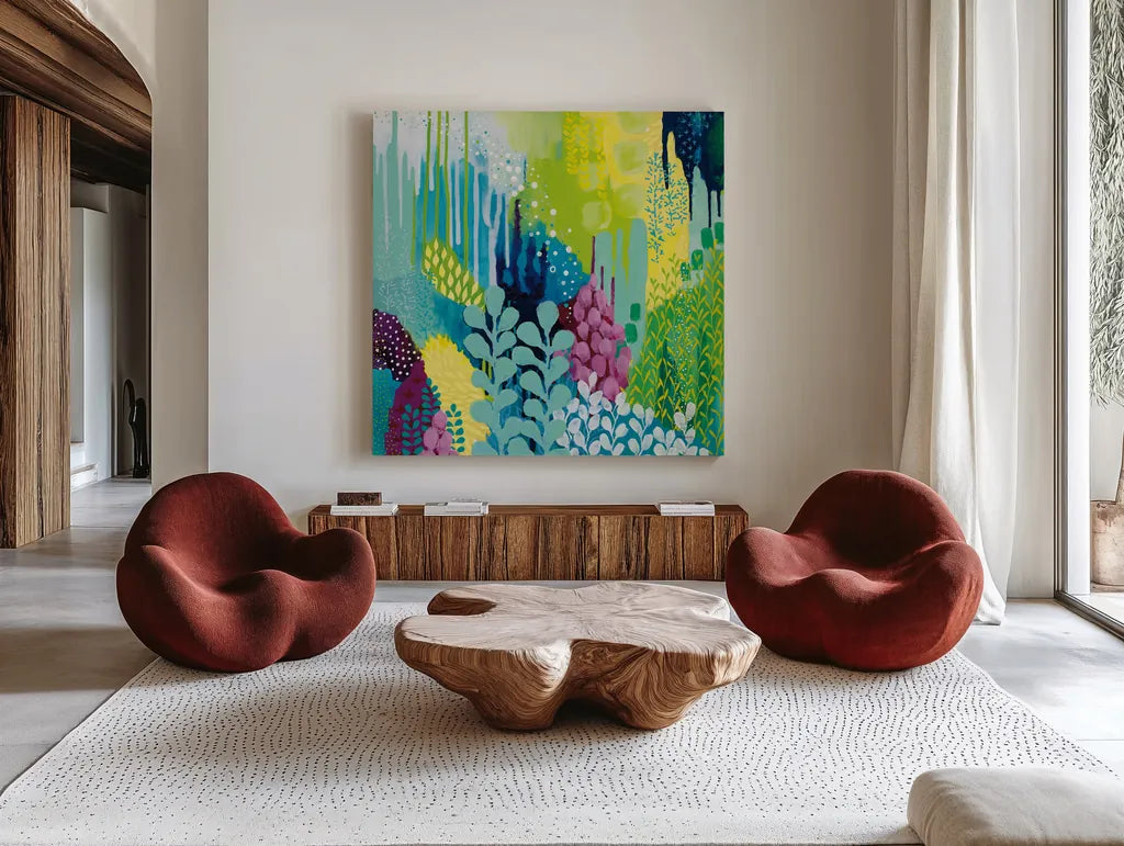 Jewel Forest II by Kathy Ferguson. Shown as extra-large giant wall art in a modern living room. Available as an archival giclee rolled canvas, fine art paper, or poster print. SKU 49219a.