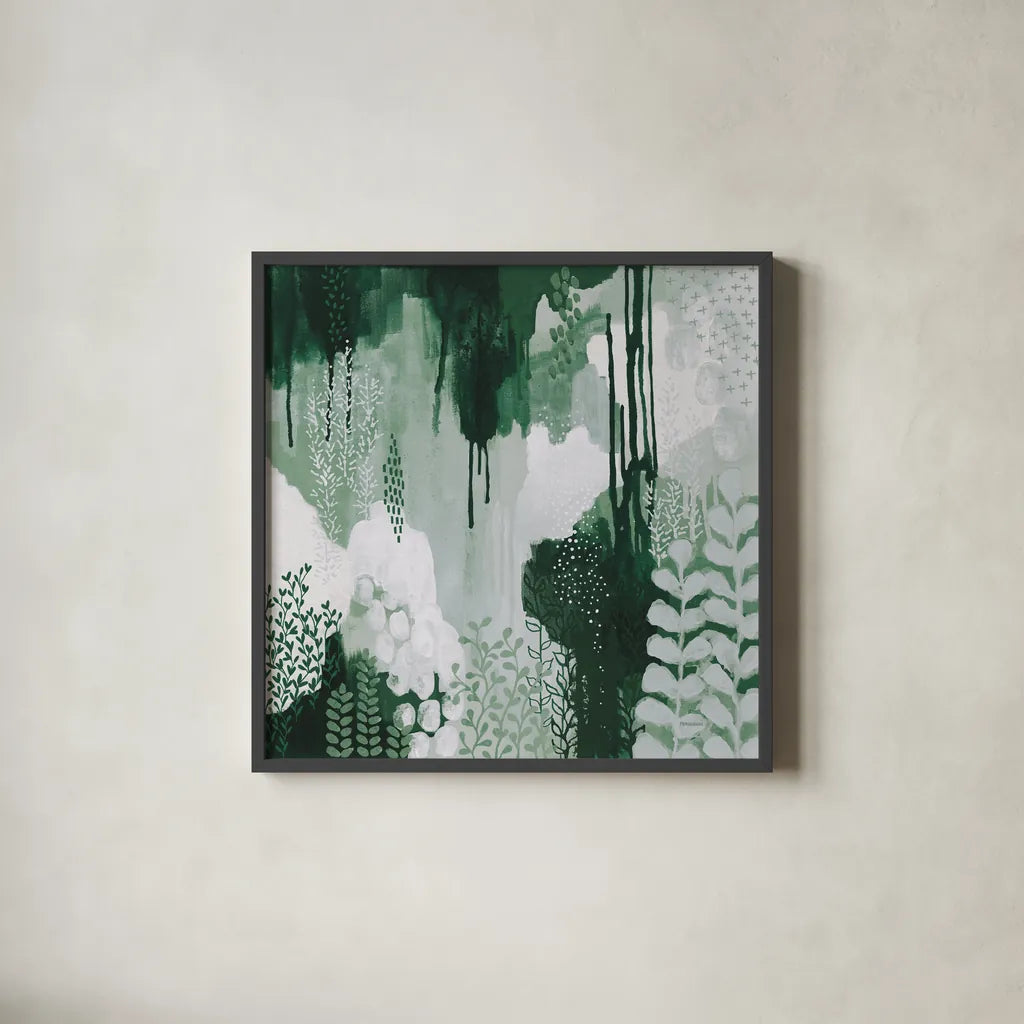 Light Green Forest I by Kathy Ferguson. Shown in a sleek black glass frame for a contemporary gallery look. Available as an archival giclee rolled canvas, fine art paper, or poster print. SKU 59300a.